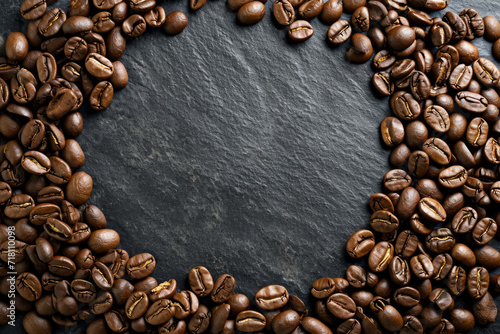 Coffee beans in the shape of a circle. Background with selective focus and copy space photo