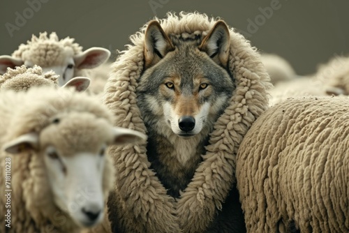 Wolf in sheep's clothing, abstract metaphor. Background with selective focus and copy space