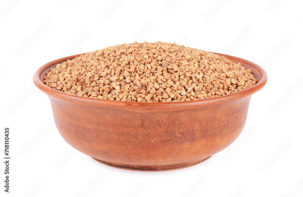 Raw buckwheat in bowl isolated on white Raw buckwheat in bowl isolated on white