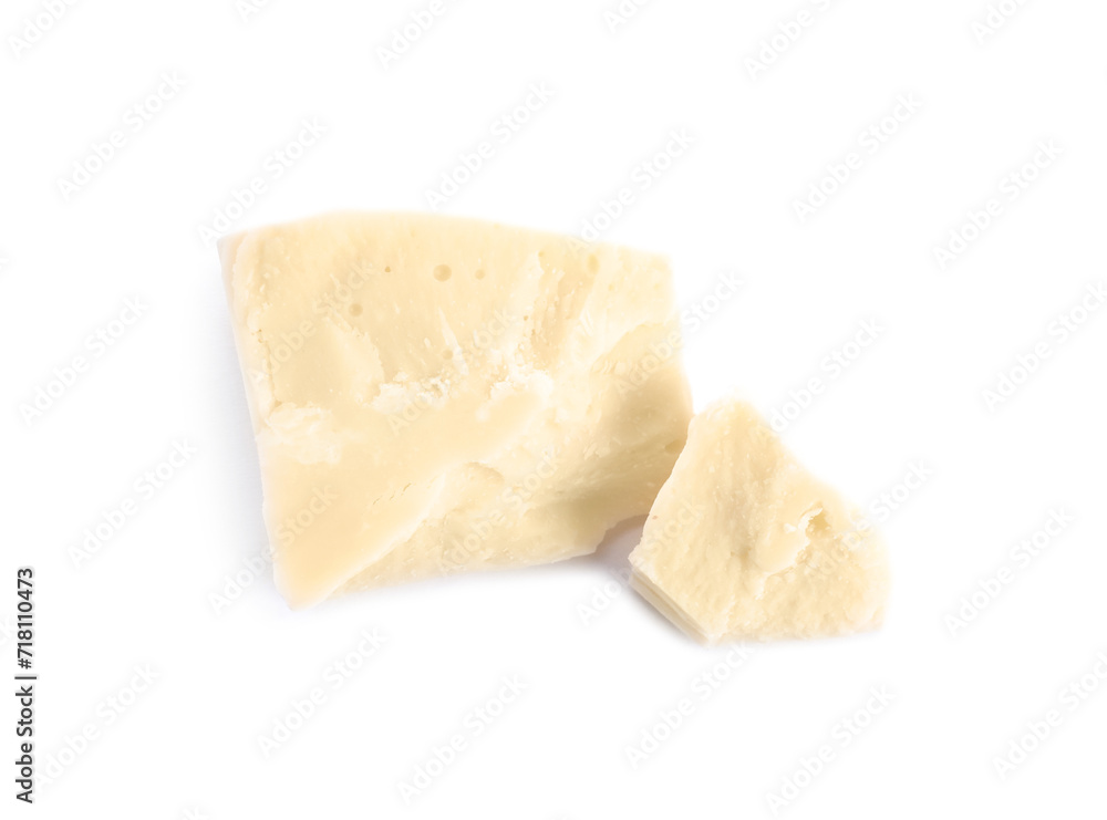 Pieces of tasty chocolate isolated on white, top view Pieces of tasty chocolate isolated on white, top view