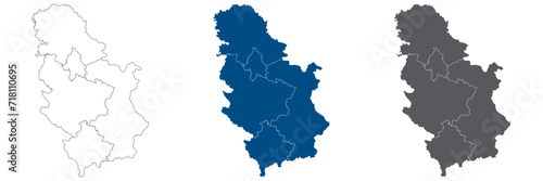 Serbia map. Map of Serbia in five main regions in multicolor set