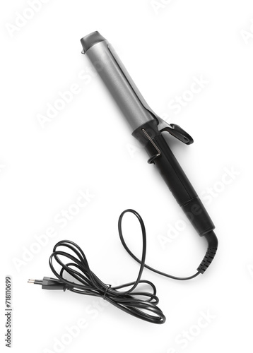One curling iron isolated on white, top view. Hair styling appliance