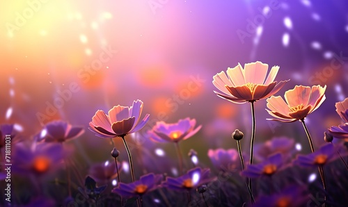 Beautiful purple cosmos flowers in the photo with a bokeh glitter light background. generative AI