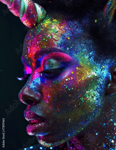 Close-up portrait of a person with dramatic multicolored glitter makeup in low lighting conditions