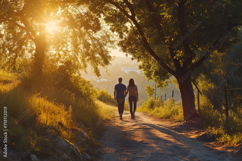 Silhouette of a couple walking in the woods Silhouette of a couple walking in the woods