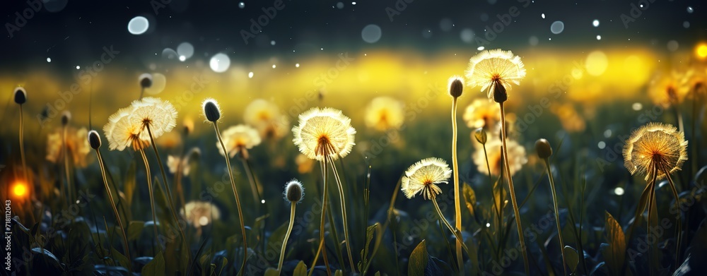 Yellow dandelion flowers in the photo with a green bokeh background. generative AI - obrazy, fototapety, plakaty 