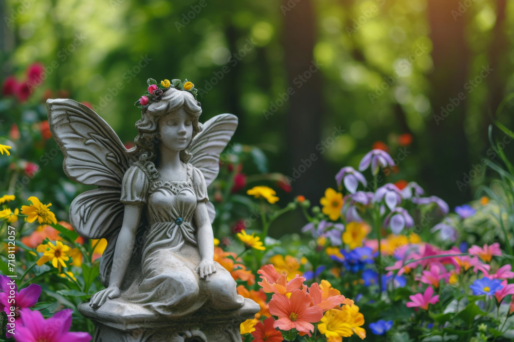 A whimsical fairy statue surrounded by blooming spring flowers in a mystical garden.