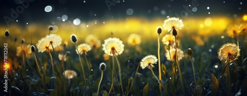 Yellow dandelion flowers in the photo with a green bokeh background. generative AI photo