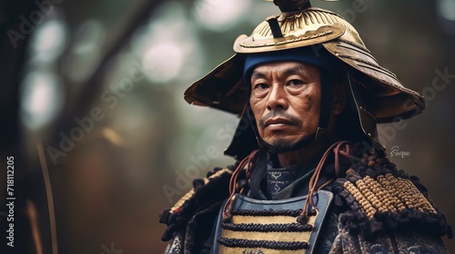 The man is dressed in full traditional Japanese samurai armor, including kabuto (helmet) and yoroi (armor), holding a sword, ready for battle, with an expression of determination and strength.
