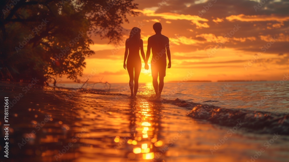 Silhouette of Couple Holding Hands on Beach at Sunset with Golden Reflection on Water

