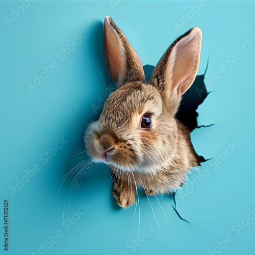 Bunny peeking out of a hole in blue wall, fluffy eared bunny easter bunny banner, rabbit jump out torn hole.