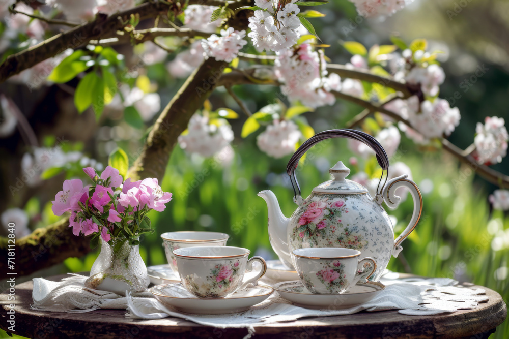 An elegant teapot and cups set on a table in a blooming spring garden setting. An elegant teapot and cups set on a table in a blooming spring garden setting.