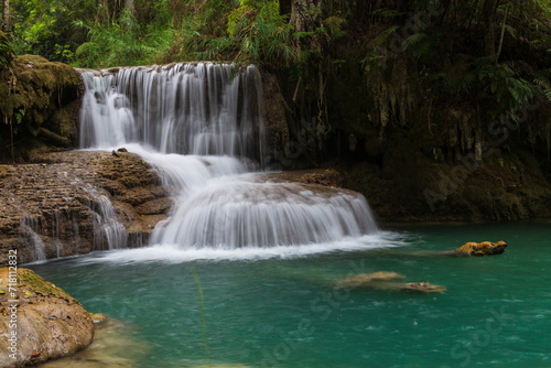 Cascading pools at Kuang Xi Waterfall near Luang Prabang  Laos - Beautiful turquoise blue waterfalls in Asia.
