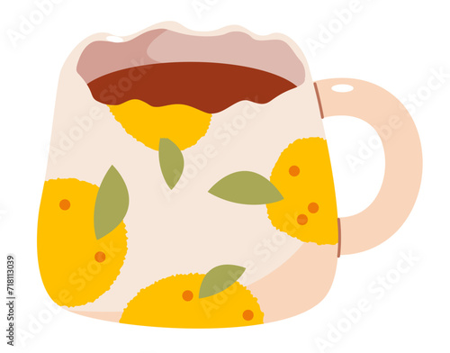 Mug with with abstract lemons design. Ceramic Crockery. Flat vector illustration isolated on white background.