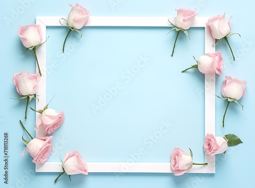 Arrangement of pink roses forming a square shape on a blue background. generative AI