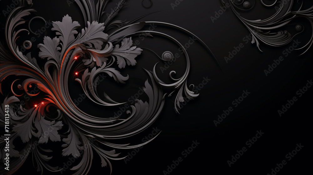 Against the velvety black background, an intricate black pattern emerges,adorned with elegant gold accents and striking red highlights.This composition creates sophisticated and dramatic visual impact Against the velvety black background, an intricate black pattern emerges,adorned with elegant gold accents and striking red highlights.This composition creates sophisticated and dramatic visual impact