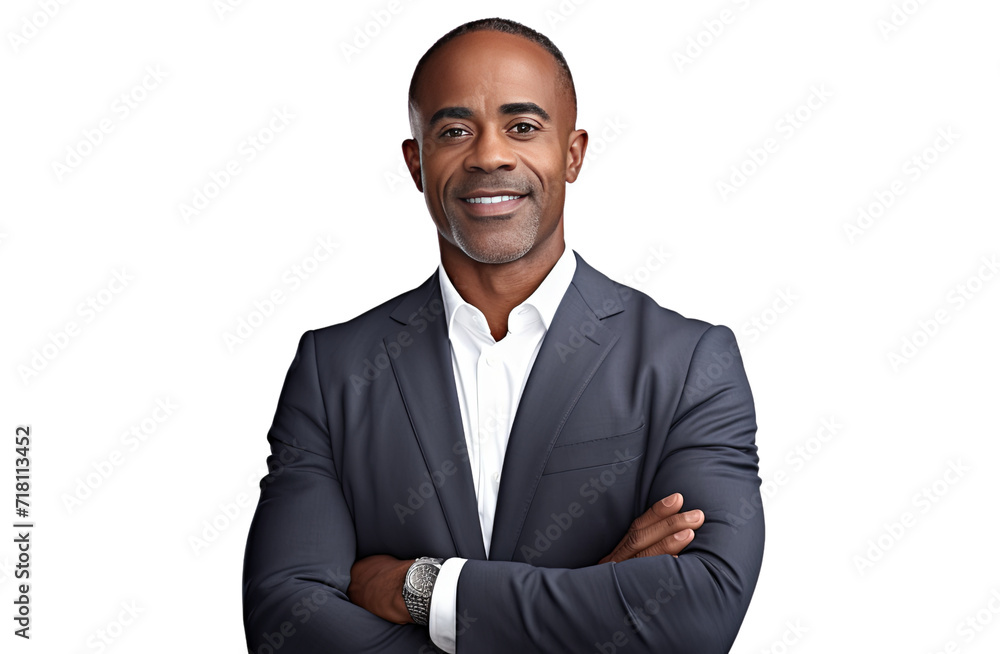 Middle Aged smiling African American business man in a suit with his arms crossed.isolated on transparent background PNG Middle Aged smiling African American business man in a suit with his arms crossed.isolated on transparent background PNG
