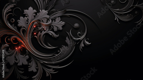 Against the velvety black background, an intricate black pattern emerges,adorned with elegant gold accents and striking red highlights.This composition creates sophisticated and dramatic visual impact