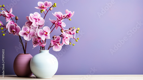 Orchid flowers in vase on blue background