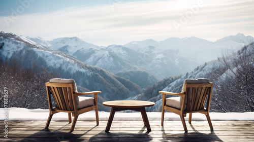 cozy terrace,adorned with small coffee table and inviting armchairs,sits amidst a serene winter landscape dusted with snow.The tranquil scene invites contemplation one can enjoy the warmth the indoors