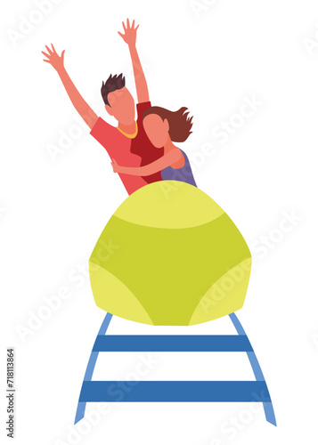 Roller coaster happy people. Rollercoaster. Friends riding in amusement park have fun positive emotion, park attractions. Young people having fun and enjoyment, cartoon vector illustration