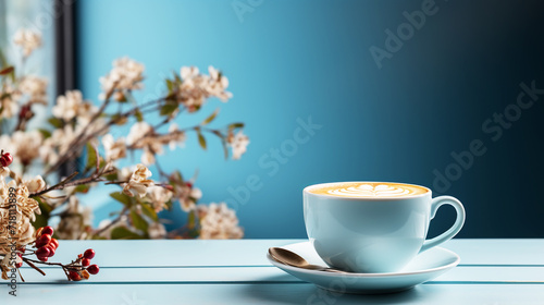 Coffee cup with beautiful flowers on wooden blue table