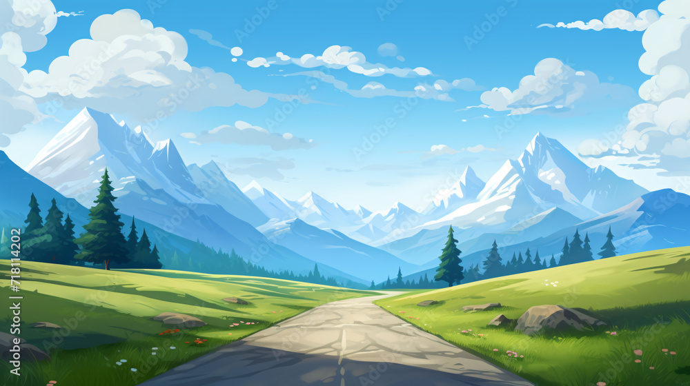 Fototapeta premium The perspective offers a captivating view the road stretching straight up into the sky, surrounded by realistic mountains.This visually striking scene provides ample space for text, inviting creative.