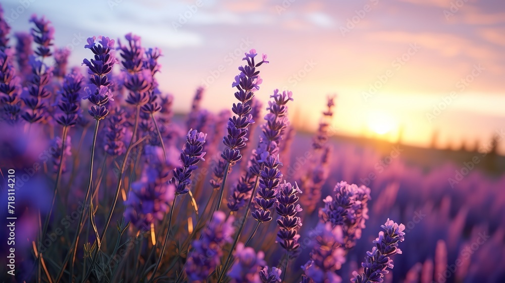 A stretch of lavender flowers blooming purple with a beautiful sunset view - obrazy, fototapety, plakaty 