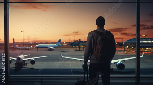 Standing in a rear view, the observer gazes at airplanes on the airport tarmac, capturing a moment of fascination and contemplation as the aircraft prepare for departure or arrival.