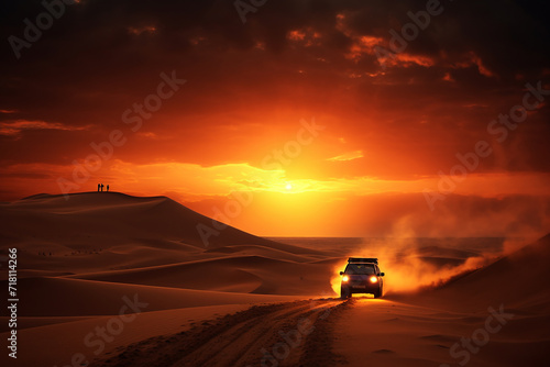 Car in the desert on a bright sunny day, recreation and tourism