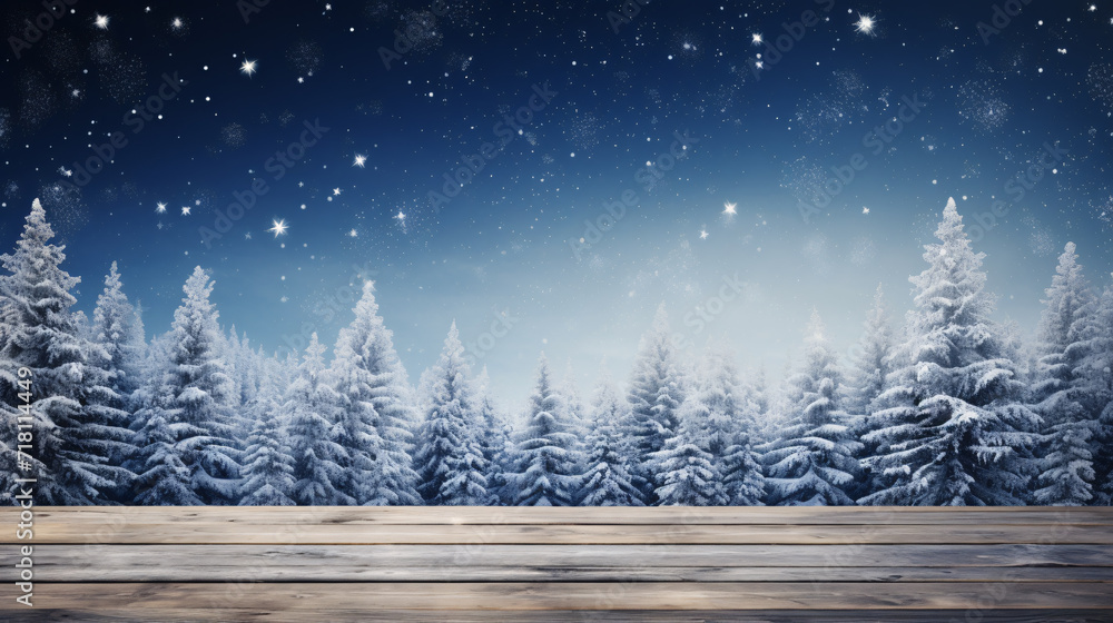 Amidst a winter snow landscape, an empty rustic wooden table, dusted ...