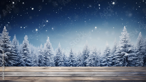 Amidst a winter snow landscape, an empty rustic wooden table, dusted with snow, sets the stage for a festive Xmas winter background. This charming scene, perfect for Christmas card, background.product © peerapong
