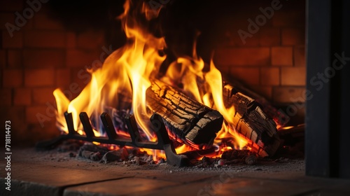 Close up of a modern fireplace with burning firewood  creating a cozy and inviting ambiance