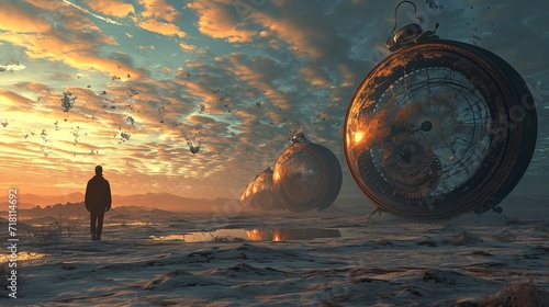 Silhouetted Figure Observing Giant Antique Pocket Watches Suspended in Mid-Air Amidst a Surreal Sunset Landscape