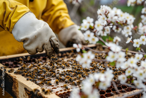 Close-up of a beekeeper tending to bees amidst spring blossoms. © EOL STUDIOS