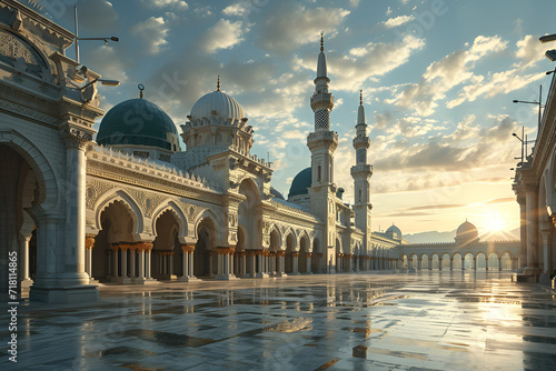 illudtration of amazing architecture design of muslim mosque ramadan concept, Elegant Masjid in Jeddah mosque background, clip of view of Nabawi Mosque, Generative Ai