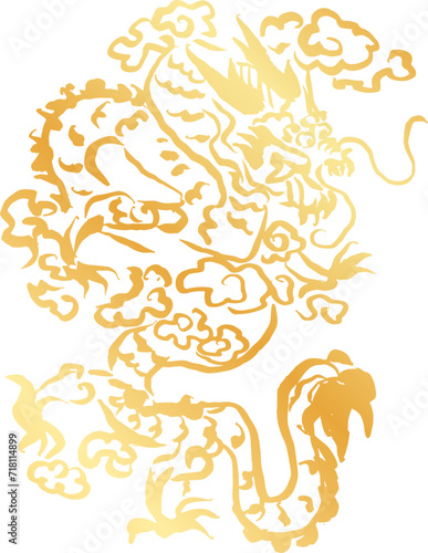 hand-drawn Chinese dragon and flower illustrations in luxurious golden hues