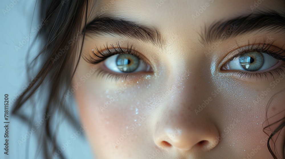 Fototapeta premium A captivating close-up eyes headshot of a young woman with a focus on her eyes, and long lashes. image showcases her clear skin, mascara skincare cosmetic advertising natural makeup 
