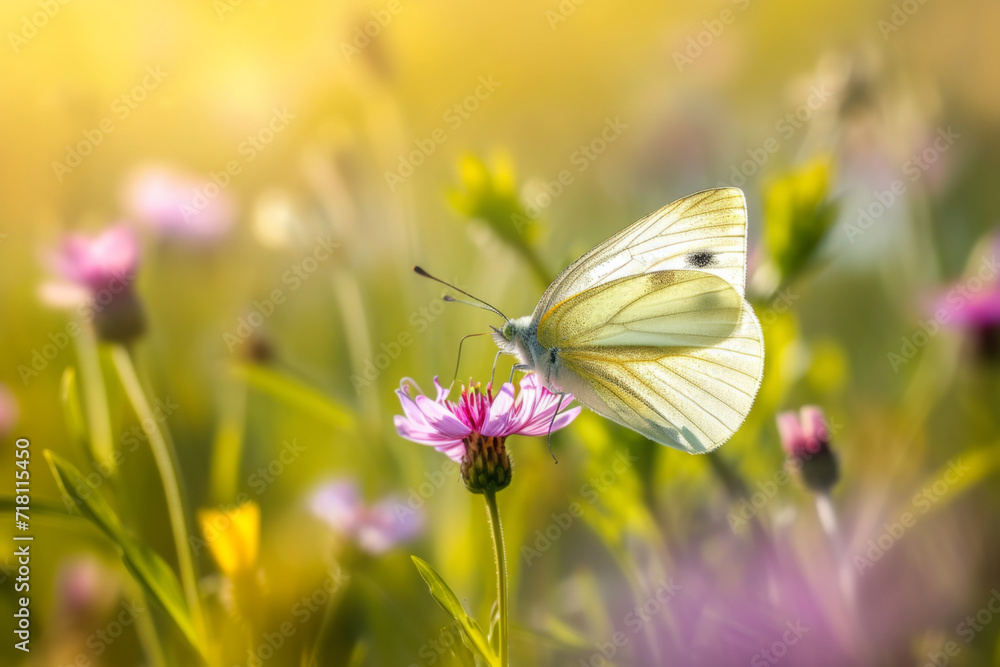 Close-up of a butterfly on a wildflower in a vibrant spring meadow. Close-up of a butterfly on a wildflower in a vibrant spring meadow.
