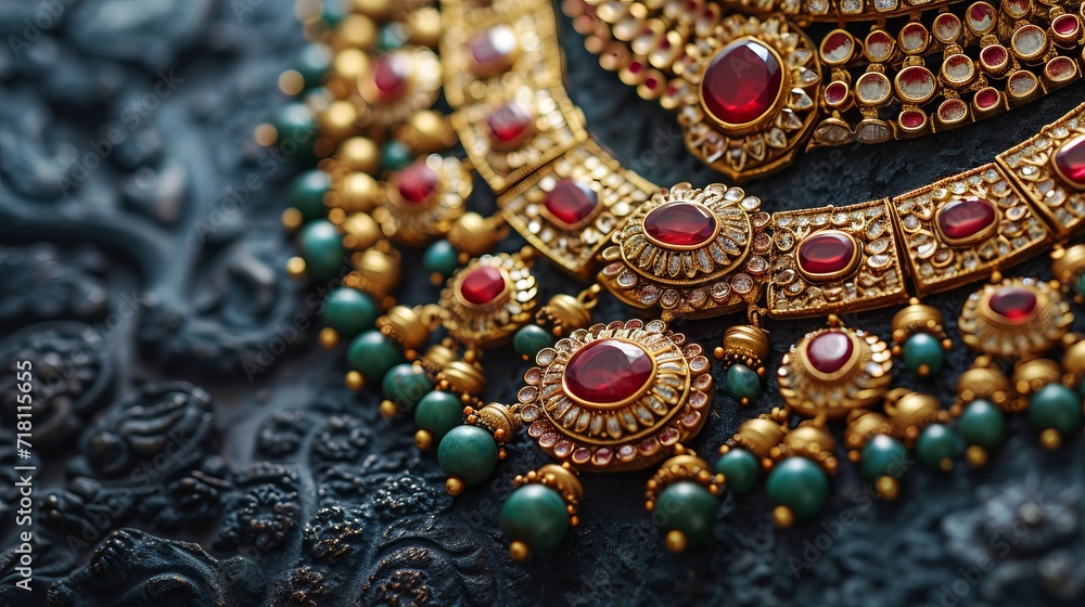 Close up shot of intricate jewelry designs with vibrant gemstones and exquisite details Close up shot of intricate jewelry designs with vibrant gemstones and exquisite details