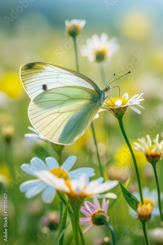 Close-up of a butterfly on a wildflower in a vibrant spring meadow. © EOL STUDIOS