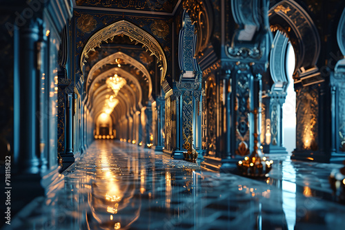 A magnificent Eid Mubarak celebration with a colorful mosque in the background, mosque of abudhabi, 3D illustration of a corridor in the mosque with a beautiful sunset, Cinematic shot, Generative Ai