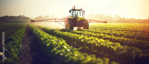 Tractor sprays fertilizer and plant tonics in a yardlong bean garden