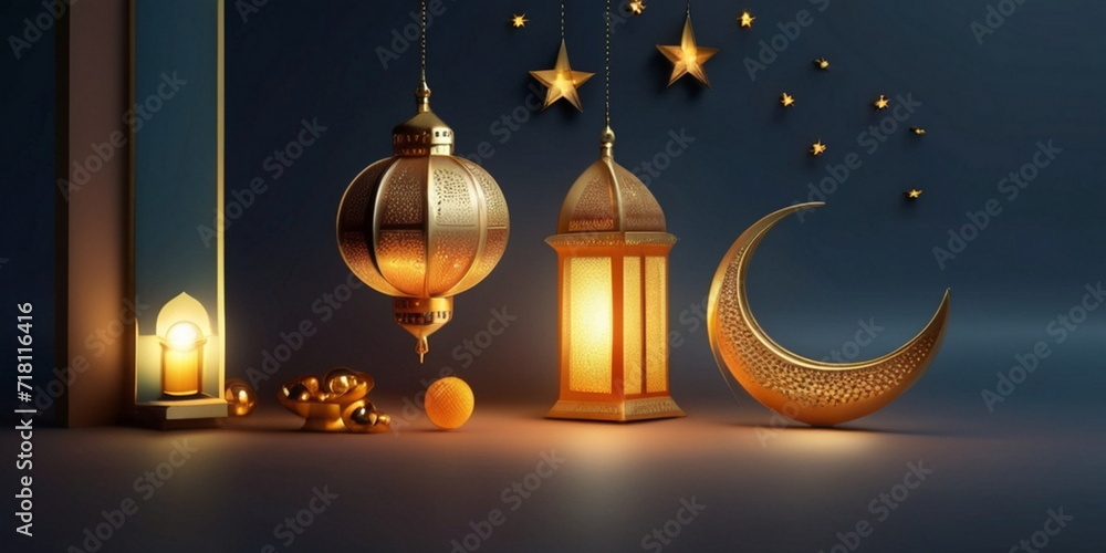 3d Crecent moon and lantern for Ramadan and Eid background design template with mosque for Muslim festival 3d Crecent moon and lantern for Ramadan and Eid background design template with mosque for Muslim festival