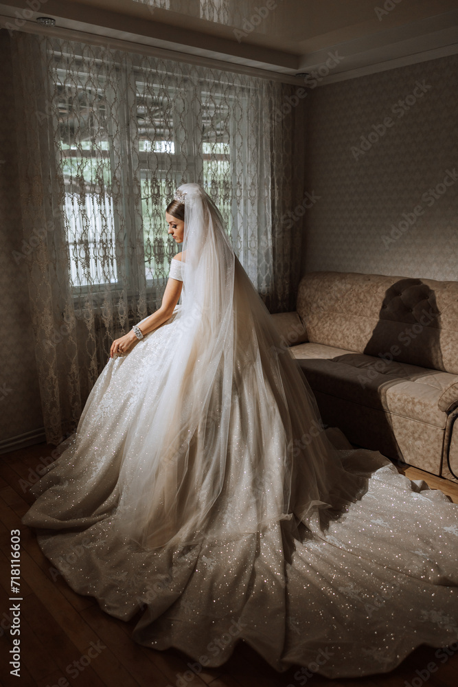 Young brunette in long wedding dress and veil in hotel room. A charming bride, full length, in a magnificent white dress on the morning before the wedding. Young brunette in long wedding dress and veil in hotel room. A charming bride, full length, in a magnificent white dress on the morning before the wedding.