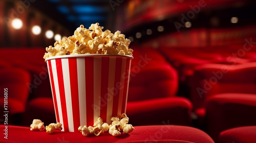 Popcorn in red seat with movie theater background