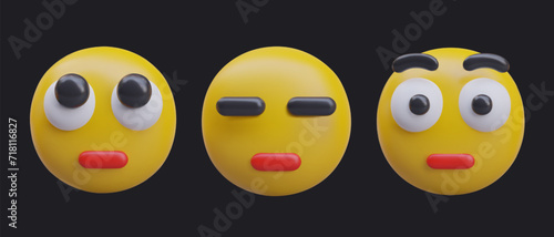 Thoughtfulness, poker face, surprise, shock. 3D emoticon with neutral, uncertain reaction. Yellow faces with pursed lips. Set of vector icons on black background