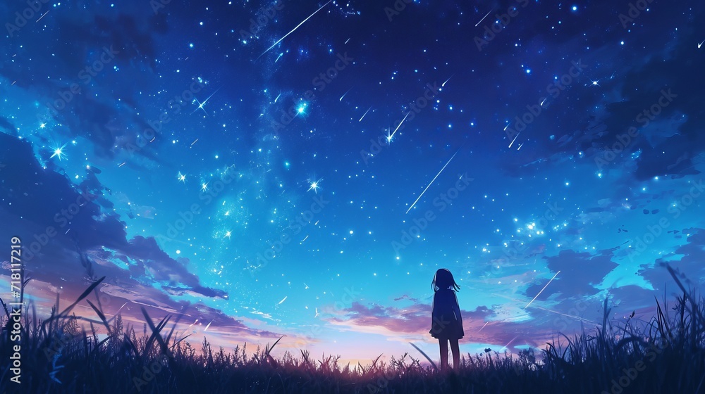 Anime Character Making a Wish Upon Shooting Stars