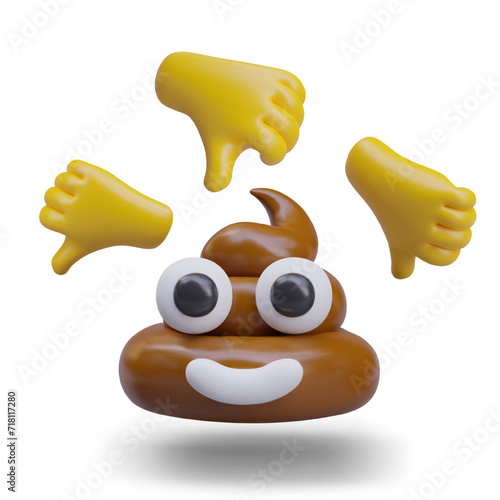 Negative concept, full shit. 3D poop, hands with thumb down. Bad choice, nuisance, low quality. User voting, rejection. Funny illustration on white background
