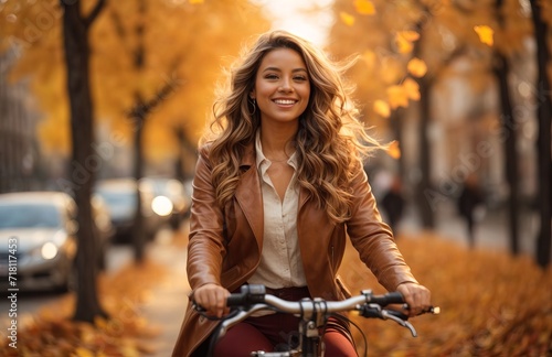 Woman riding her bicycle through a autumn urban cityscape